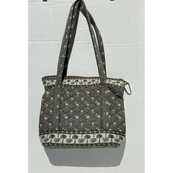 Quilted Shoulder Med Commuter Tote Handbag Neutral Gray White Palm Tree Print - Picture 2 of 7